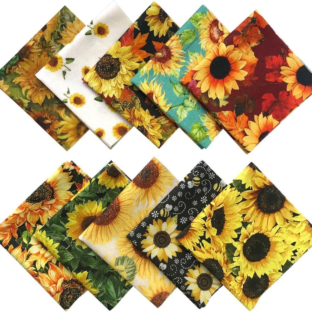 Sunflower Cotton Patchwork Fabric Set for Quilting and Crafting 10 Pieces 25x25c